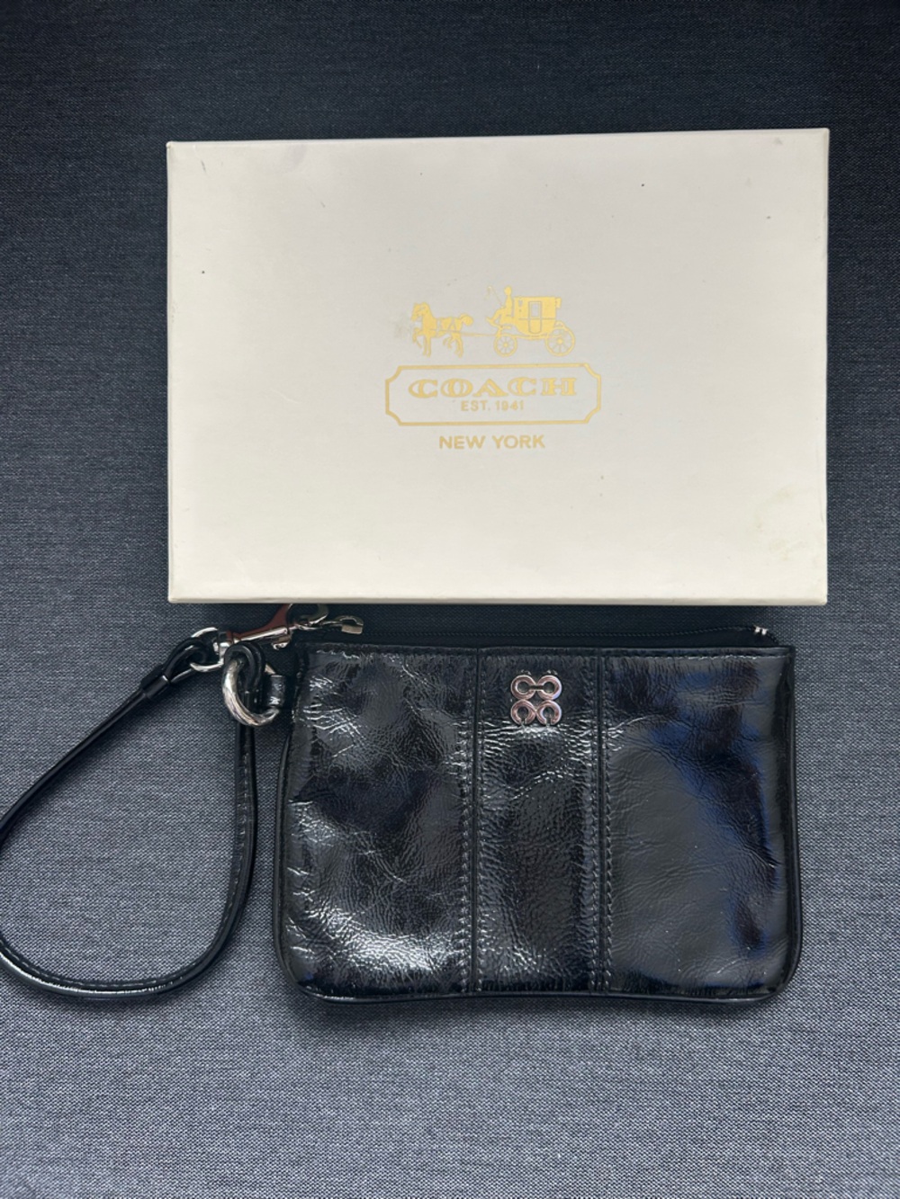 Coach Glossy Black Patent Wristlet with Silver Hardware